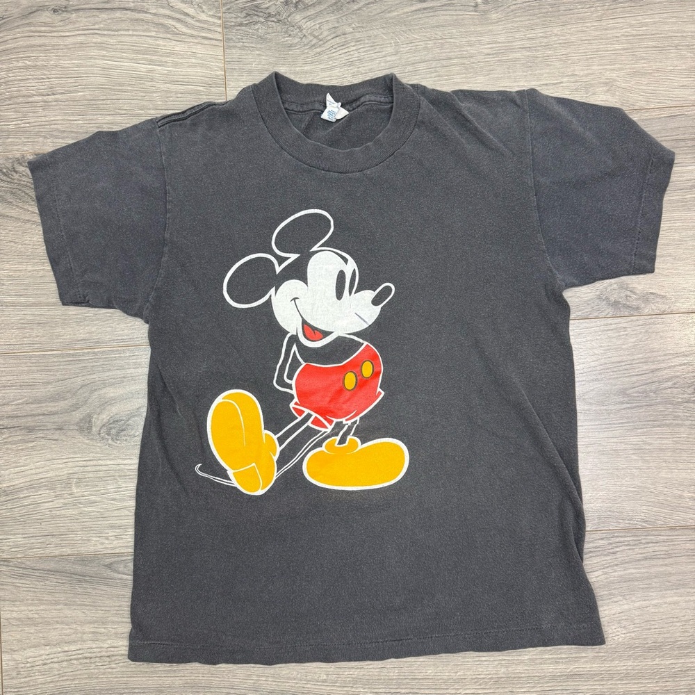 Vtg Disney Mickey Mouse T‑Shirt Adult S Black Made in USA Off‑Center Print 90s